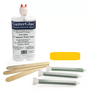 GutterGlue Seaming Kit (Fiberglass Gutter) | GutterGlue Seaming Kit (Fiberglass Gutter) | GutterGlue is used to seal miters, seams, endcaps and outlets. It comes in a kit which contains the glue, tongue depressors, mixing tips, fiberglass cloth.